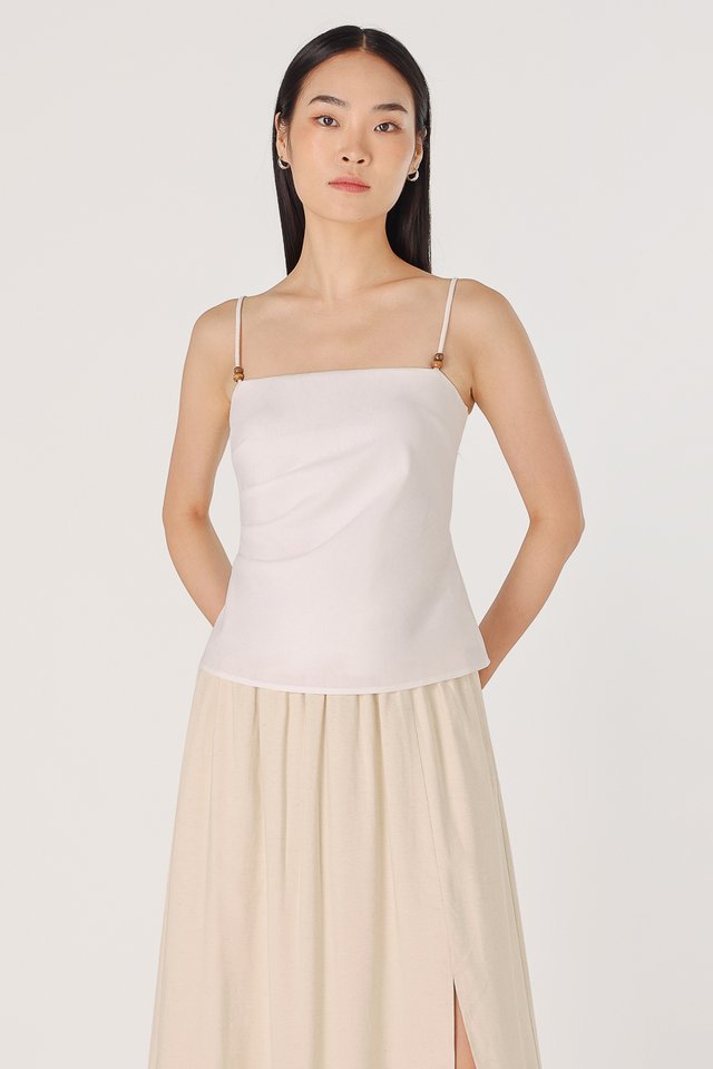 NORA PADDED BEADED STRAP RUCHED TOP (WHITE)