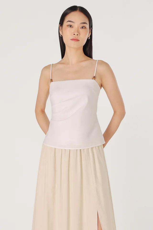 NORA PADDED BEADED STRAP RUCHED TOP (WHITE)
