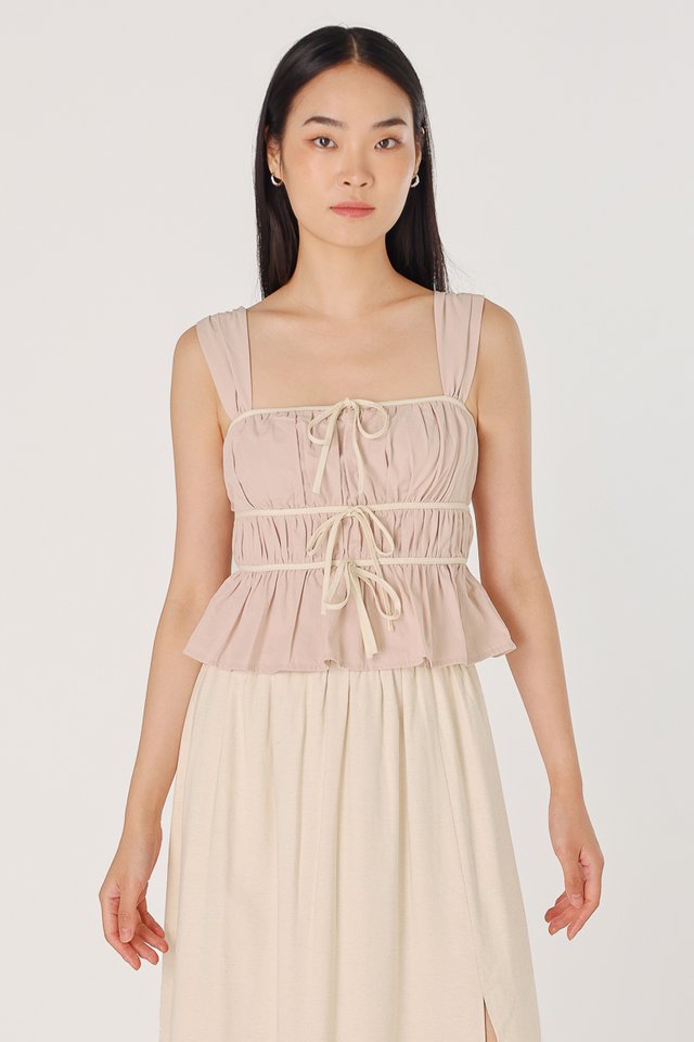 ADRIANA PADDED CONTRAST RIBBON RUCHED TOP (COTTON PINK)