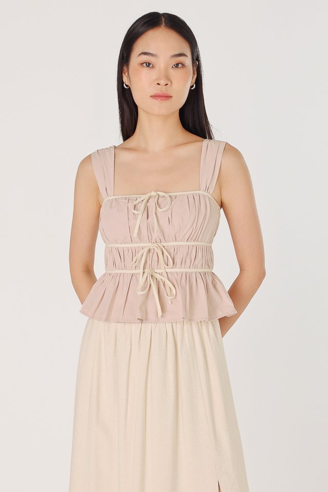 ADRIANA PADDED CONTRAST RIBBON RUCHED TOP (COTTON PINK)