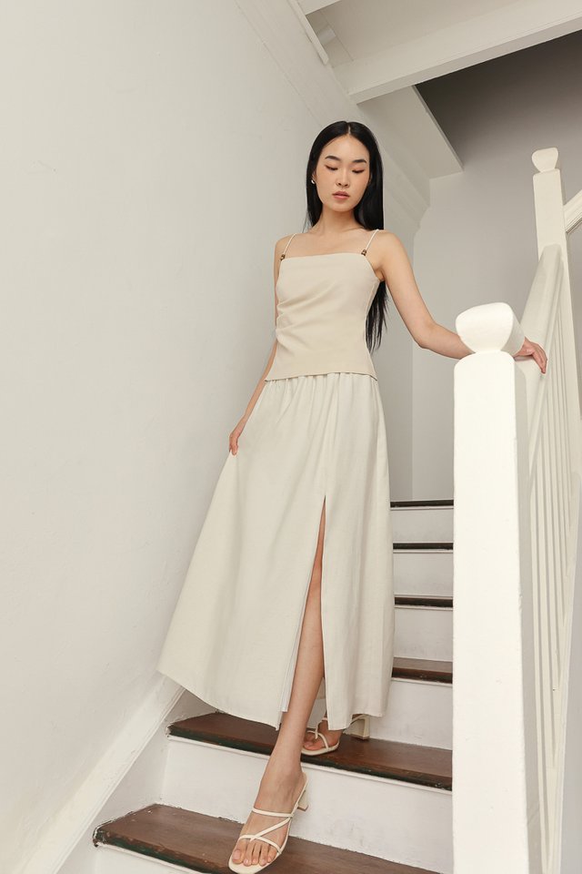 CASSIA LINEN FRONT SLIT FLARE MAXI SKIRT - REGULAR (LINEN WHITE)