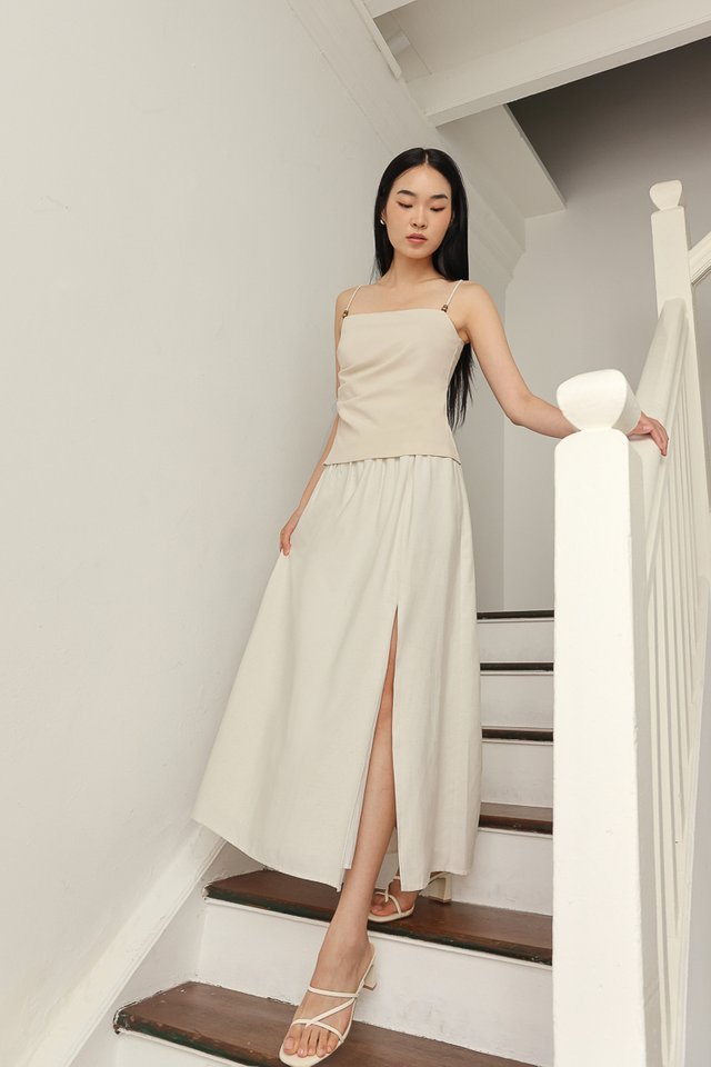 CASSIA LINEN FRONT SLIT FLARE MAXI SKIRT - PETITE (LINEN WHITE)