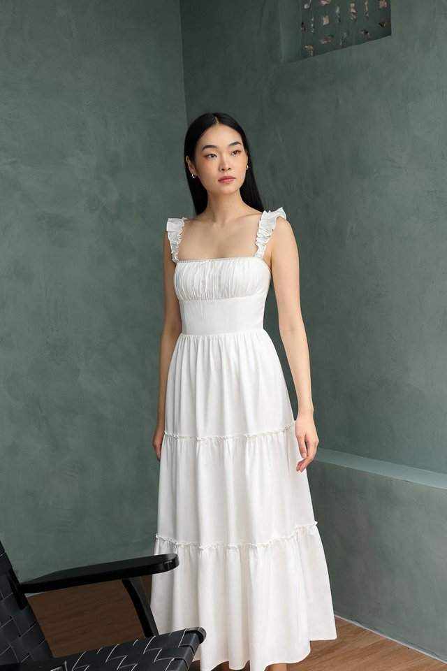 ENVIE PADDED RUFFLE RUCHED EYELET INSERT TIERED MAXI DRESS (WHITE)