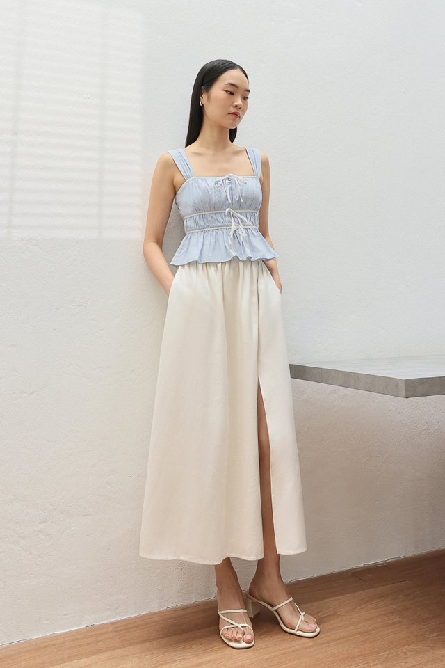 CASSIA LINEN FRONT SLIT FLARE MAXI SKIRT - PETITE (LINEN WHITE)