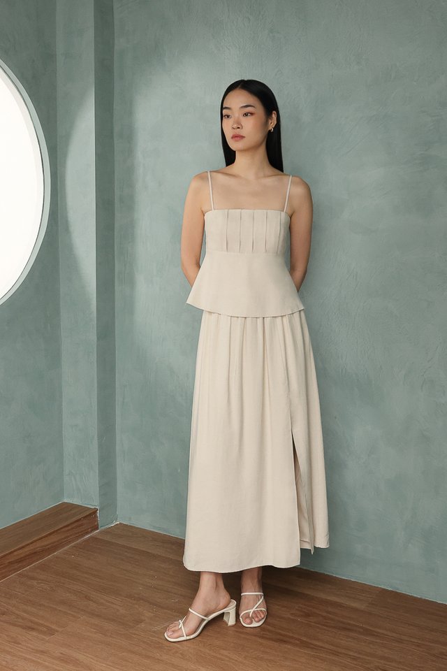 CASSIA LINEN FRONT SLIT FLARE MAXI SKIRT - PETITE (NATURAL)