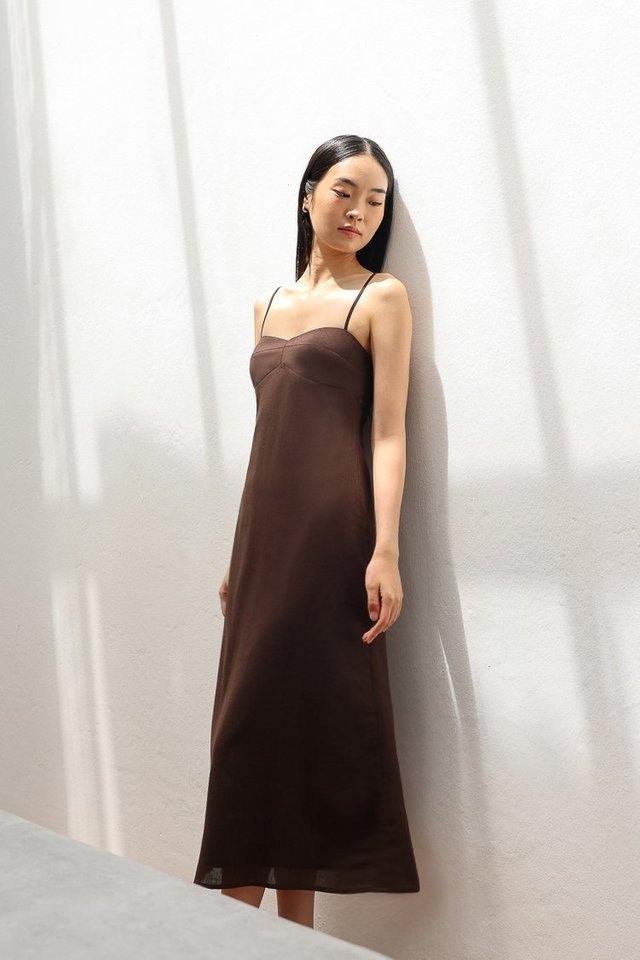 JANESSA PADDED LINEN SWEETHEART BUSTLINE MIDAXI DRESS (ESPRESSO BROWN)