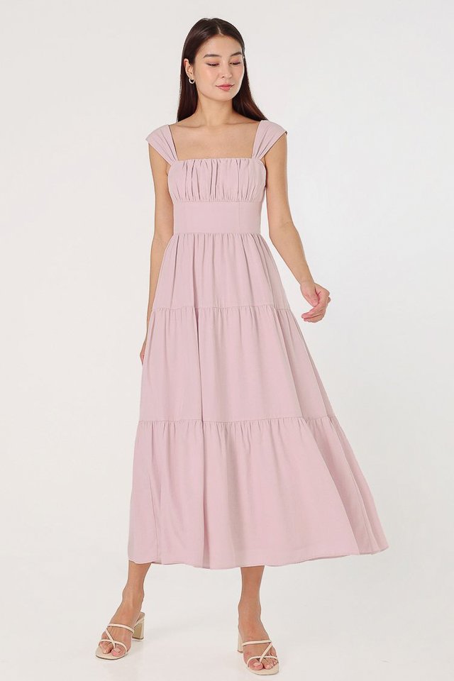 YASMIN PADDED CAP SLEEVE RUCHED TIERED MIDAXI DRESS (LAVENDER BLUSH) 