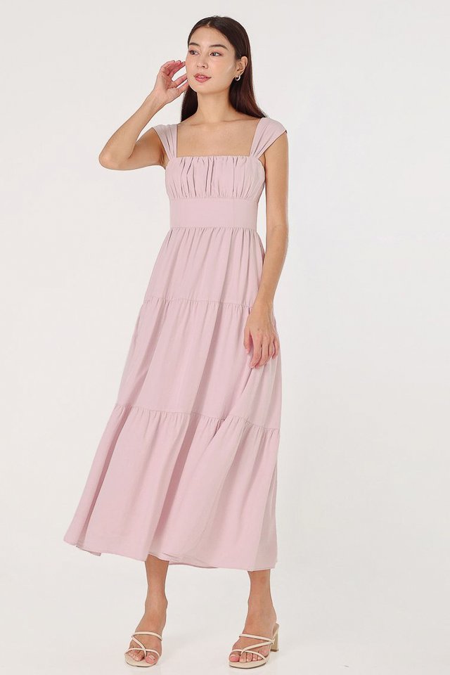 YASMIN PADDED CAP SLEEVE RUCHED TIERED MIDAXI DRESS (LAVENDER BLUSH) 