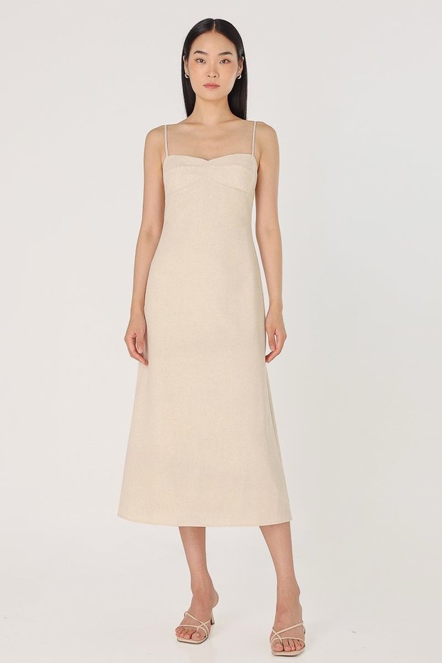 JANESSA PADDED LINEN SWEETHEART BUSTLINE MIDAXI DRESS (BIRCH)