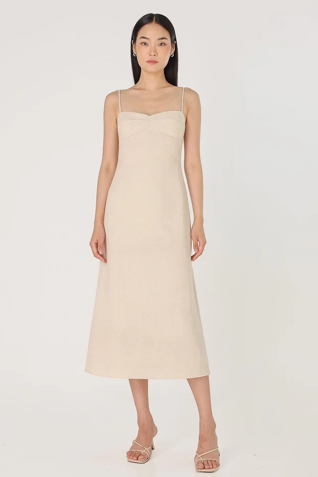 JANESSA PADDED LINEN SWEETHEART BUSTLINE MIDAXI DRESS (BIRCH)