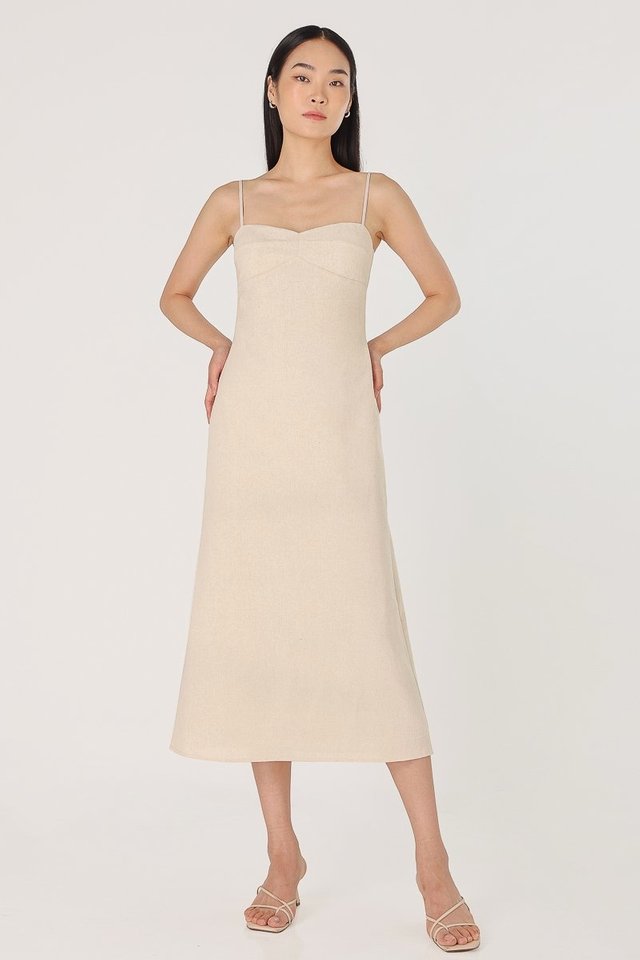 JANESSA PADDED LINEN SWEETHEART BUSTLINE MIDAXI DRESS (BIRCH)