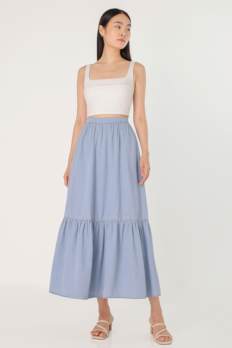 GOOD VIBES CHAMBRAY DENIM DROPWAIST MAXI SKIRT - REGULAR (LIGHT