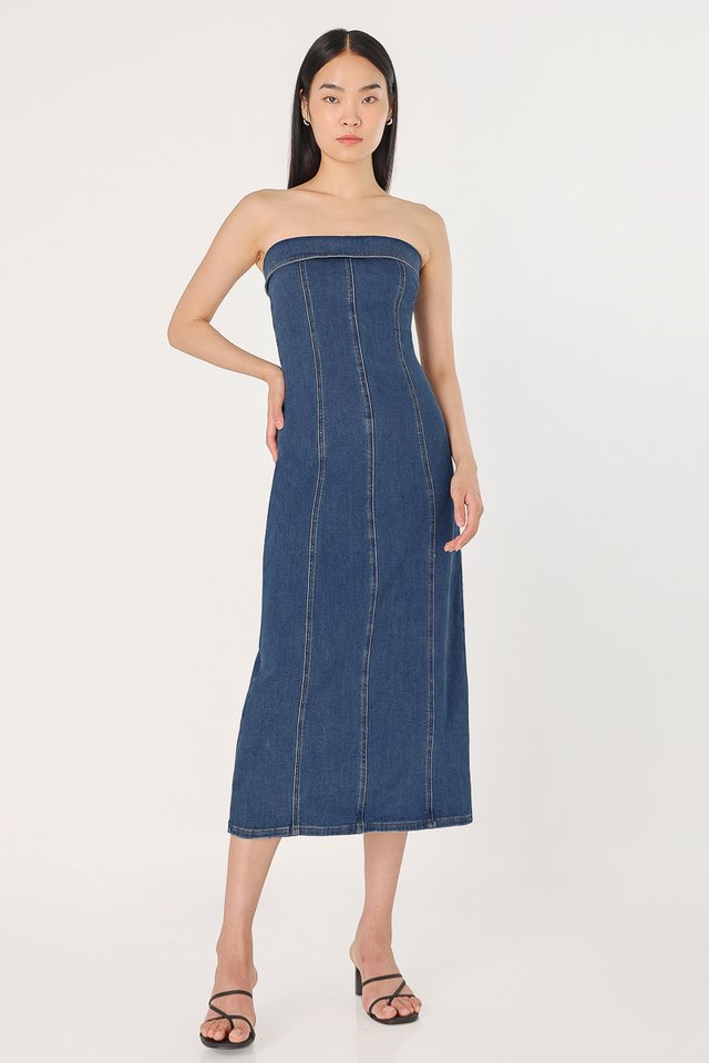 MUSE DENIM OVERLAP TUBE PANEL MIDAXI DRESS - REGULAR (MID WASHED)