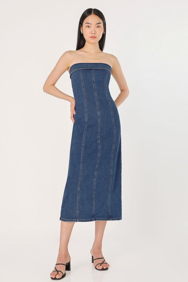 MUSE DENIM OVERLAP TUBE PANEL MIDAXI DRESS - REGULAR (MID WASHED)