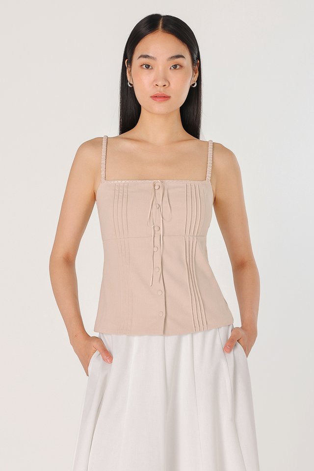 VALORA LINEN PADDED RIBBON INSERT PINTUCK TOP (OAT)