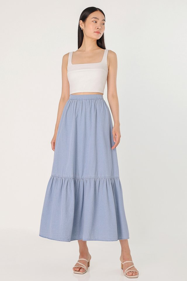 GOOD VIBES CHAMBRAY DENIM DROPWAIST MAXI SKIRT - REGULAR (LIGHT WASHED)