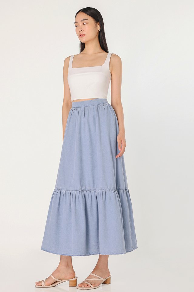 GOOD VIBES CHAMBRAY DENIM DROPWAIST MAXI SKIRT - REGULAR (LIGHT WASHED)