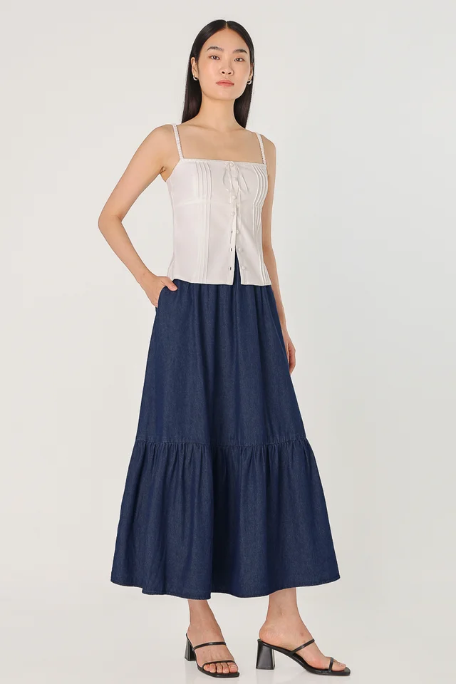GOOD VIBES CHAMBRAY DENIM DROPWAIST MAXI SKIRT - REGULAR (DARK WASHED)