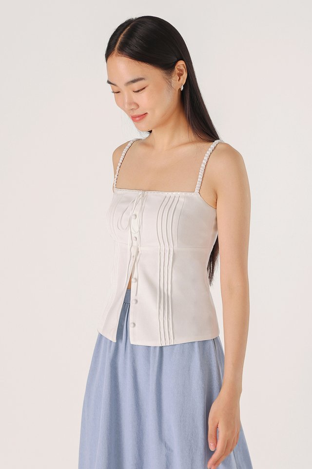 VALORA LINEN PADDED RIBBON INSERT PINTUCK TOP (WHITE)