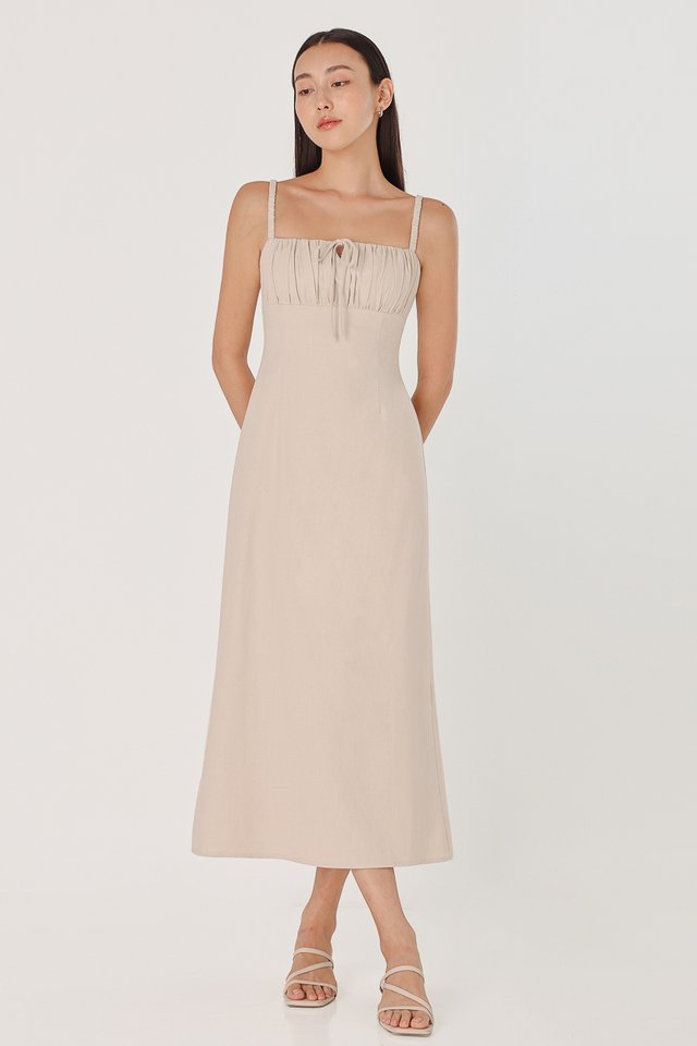 SAYLOR PADDED LINEN RUCHED STRAP MIDAXI DRESS (NATURAL)