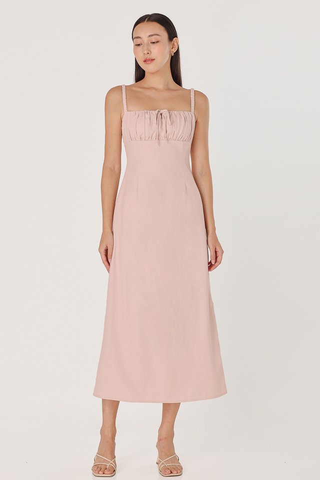 SAYLOR PADDED LINEN RUCHED STRAP MIDAXI DRESS (COTTON PINK)