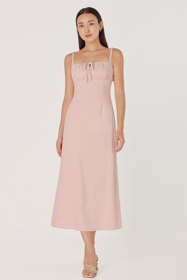 SAYLOR PADDED LINEN RUCHED STRAP MIDAXI DRESS (COTTON PINK)