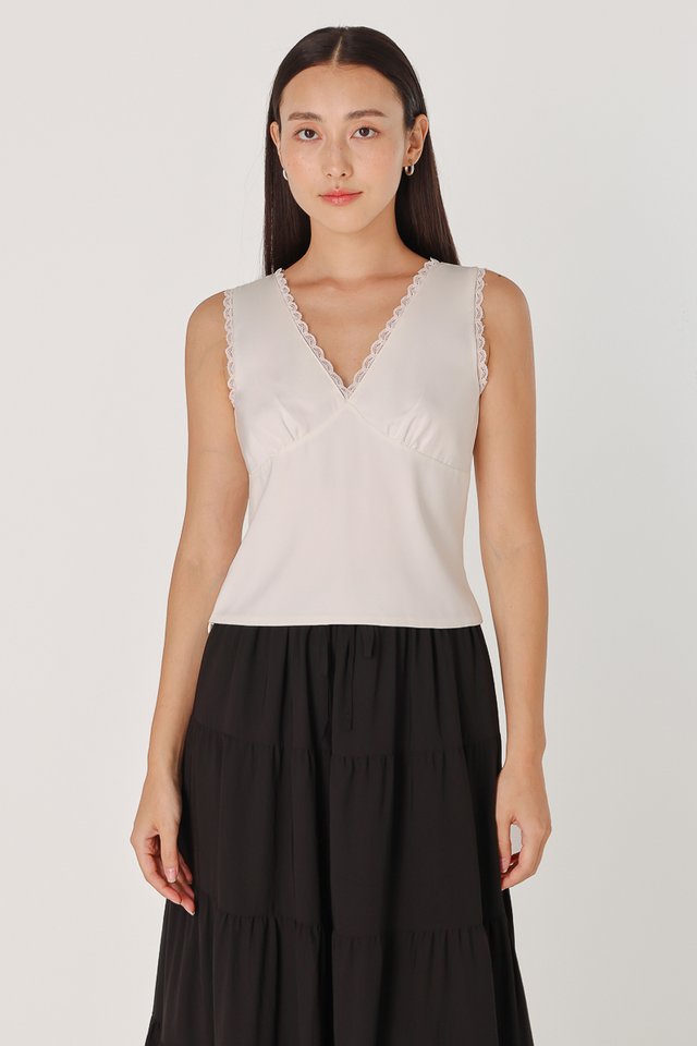 RICA V-NECK LACE SATIN TOP (WHITE)