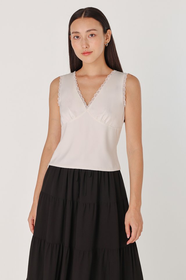 RICA V-NECK LACE SATIN TOP (WHITE)