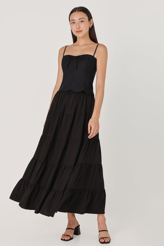 DELILAH TIERED RIBBON MAXI SKIRT - PETITE (BLACK)