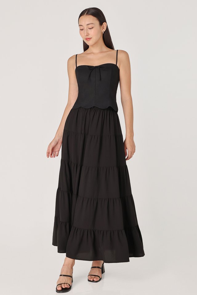 DELILAH TIERED RIBBON MAXI SKIRT - PETITE (BLACK)