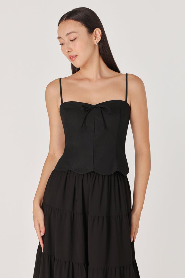 ANNE PADDED LINEN SCALLOP RIBBON TOP (BLACK)