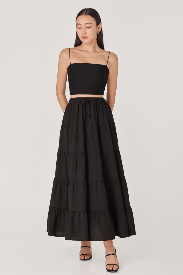 DELILAH TIERED RIBBON MAXI SKIRT - REGULAR (BLACK)