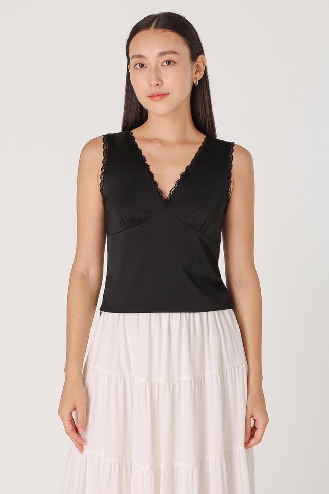 RICA V-NECK LACE SATIN TOP (BLACK)