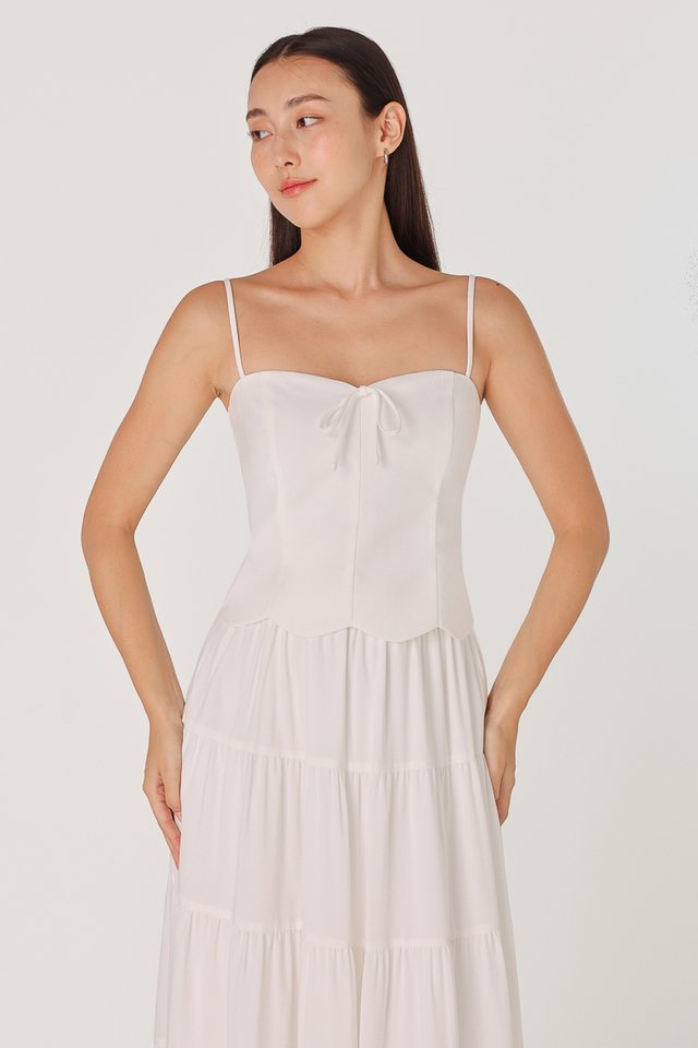 ANNE PADDED LINEN SCALLOP RIBBON TOP (WHITE)