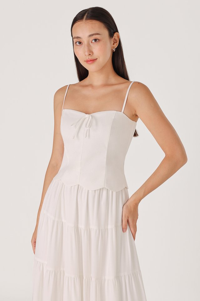 ANNE PADDED LINEN SCALLOP RIBBON TOP (WHITE)