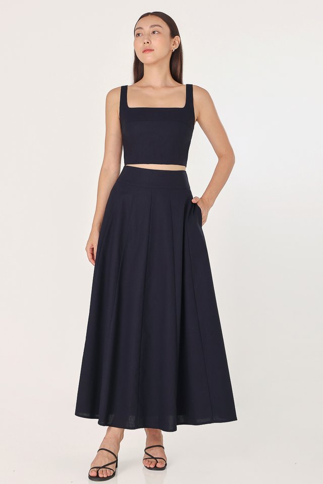 CHERELLE LINEN PANELLED MAXI SKIRT (MIDNIGHT)