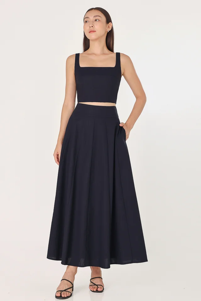 CHERELLE LINEN PANELLED MAXI SKIRT (MIDNIGHT)