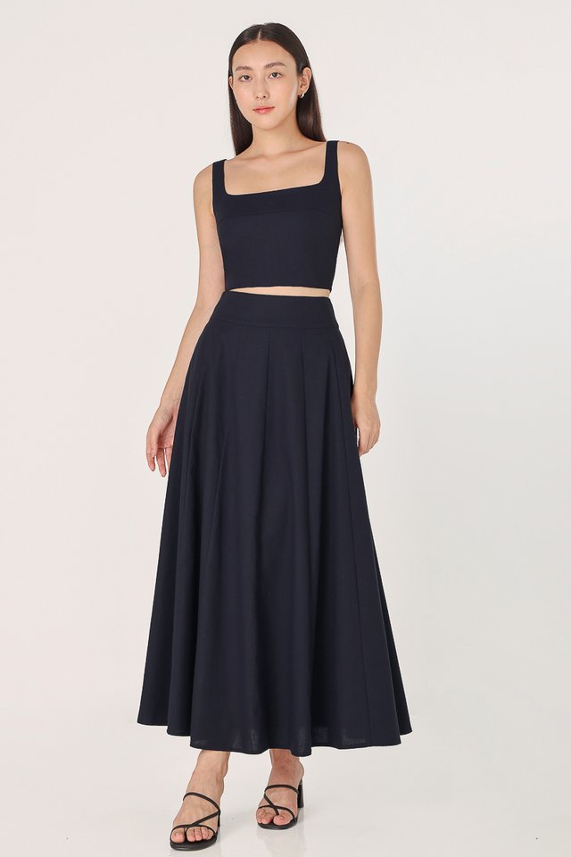 CHERELLE LINEN PANELLED MAXI SKIRT (MIDNIGHT)