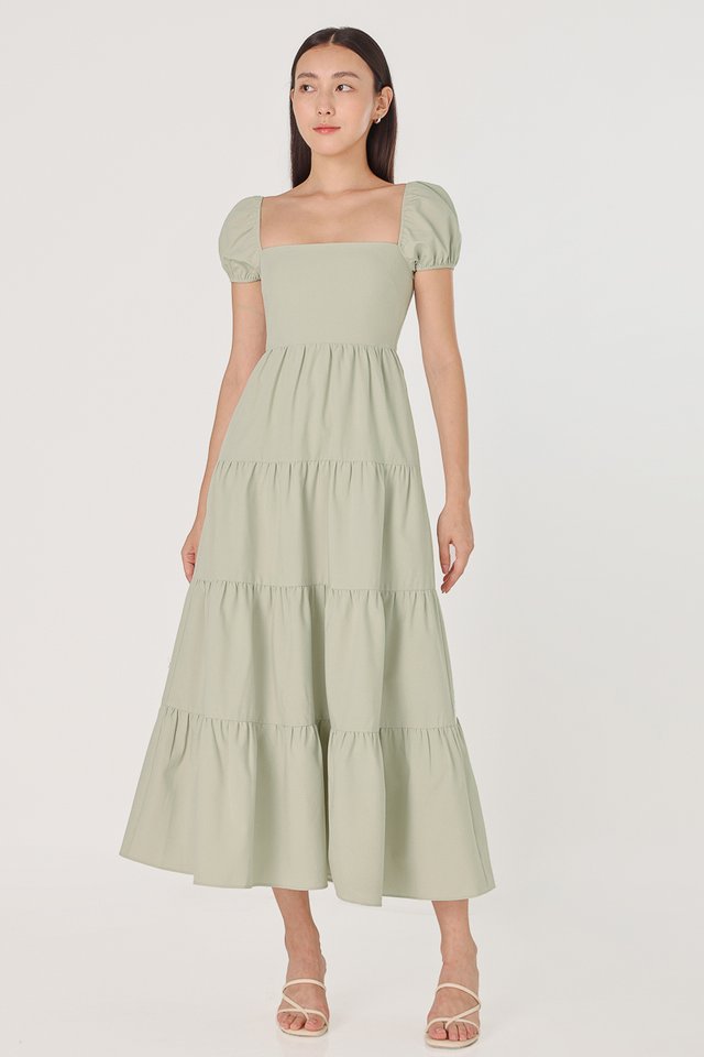 AGNES PADDED TIERED PUFF SLEEVE MAXI DRESS (SAGE)