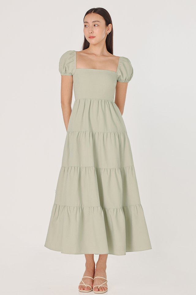 AGNES PADDED TIERED PUFF SLEEVE MAXI DRESS (SAGE)