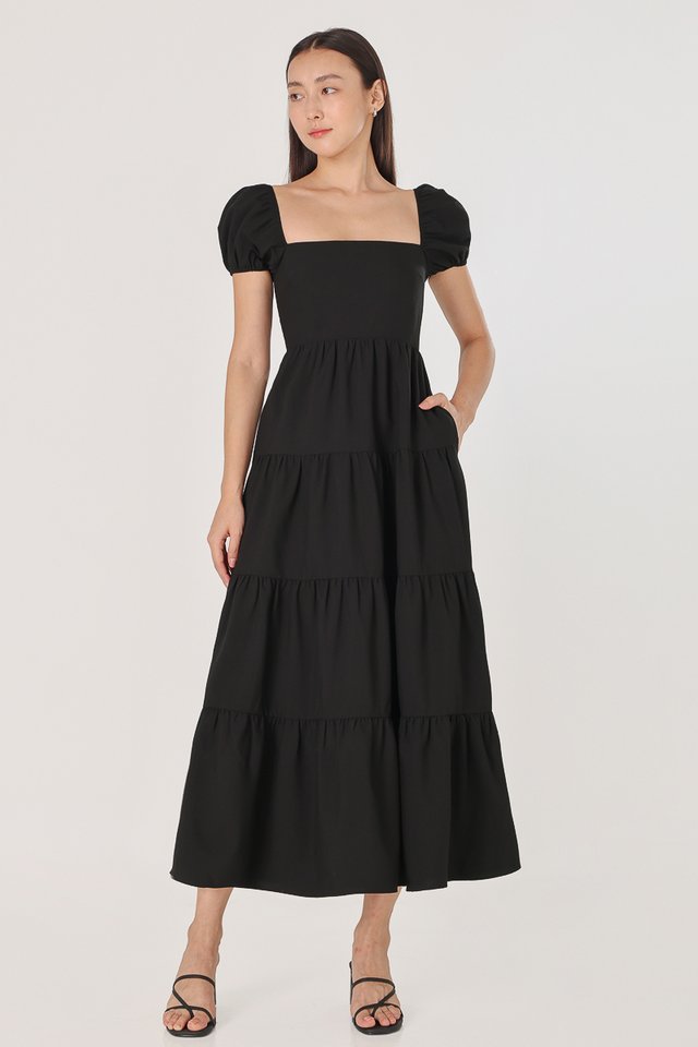 AGNES PADDED TIERED PUFF SLEEVE MAXI DRESS (BLACK)