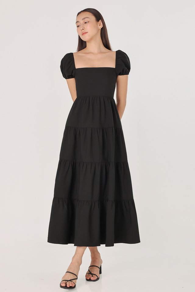 AGNES PADDED TIERED PUFF SLEEVE MAXI DRESS (BLACK)