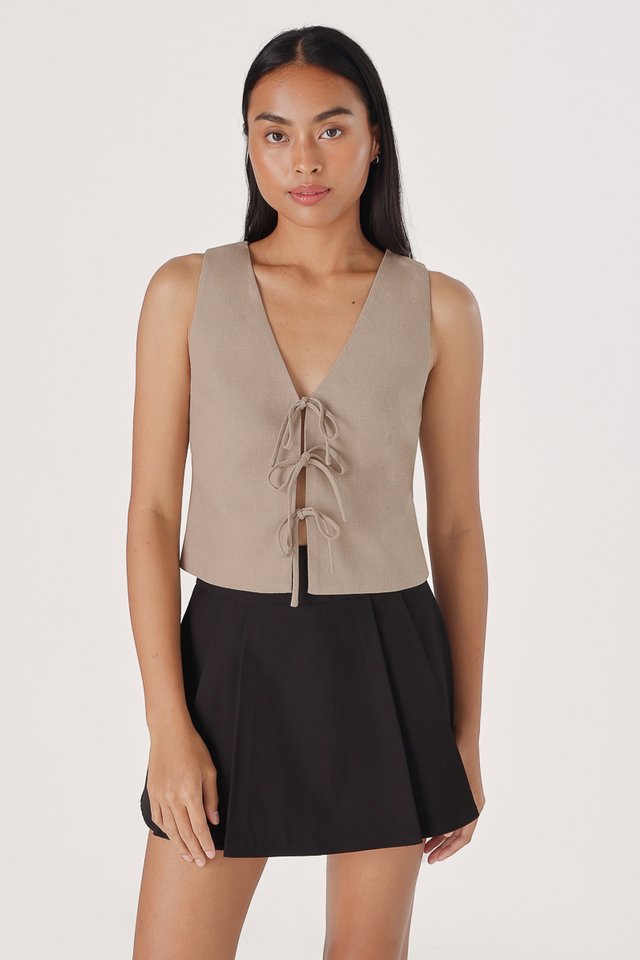 NYRA RIBBON-TIE VEST TOP (TAUPE)