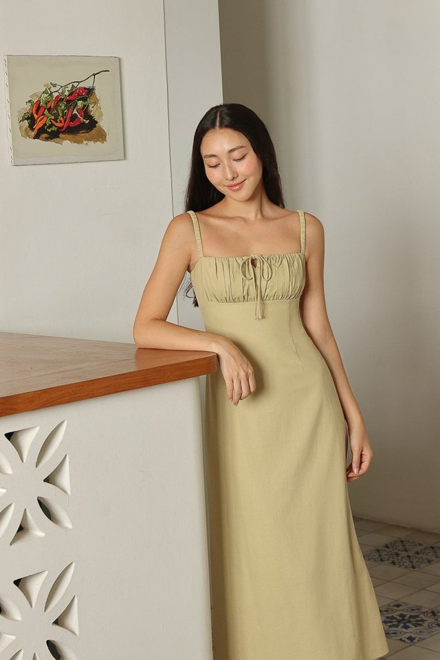 SAYLOR PADDED LINEN RUCHED STRAP MIDAXI DRESS (PISTACHIO)