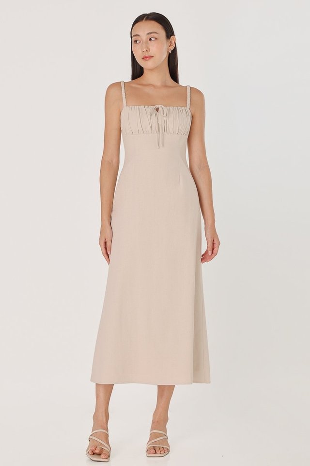 SAYLOR PADDED LINEN RUCHED STRAP MIDAXI DRESS (NATURAL)