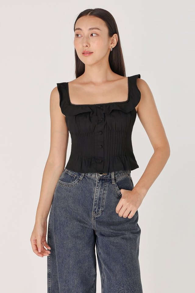 EVELYN PADDED SQUARE NECK PINTUCK TOP (BLACK)