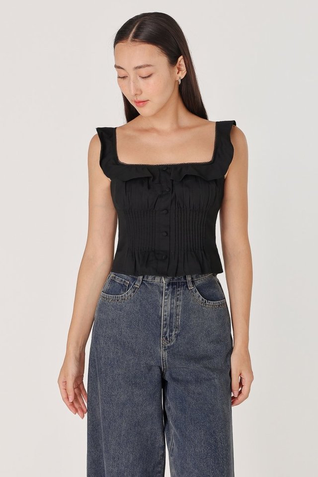 EVELYN PADDED SQUARE NECK PINTUCK TOP (BLACK)