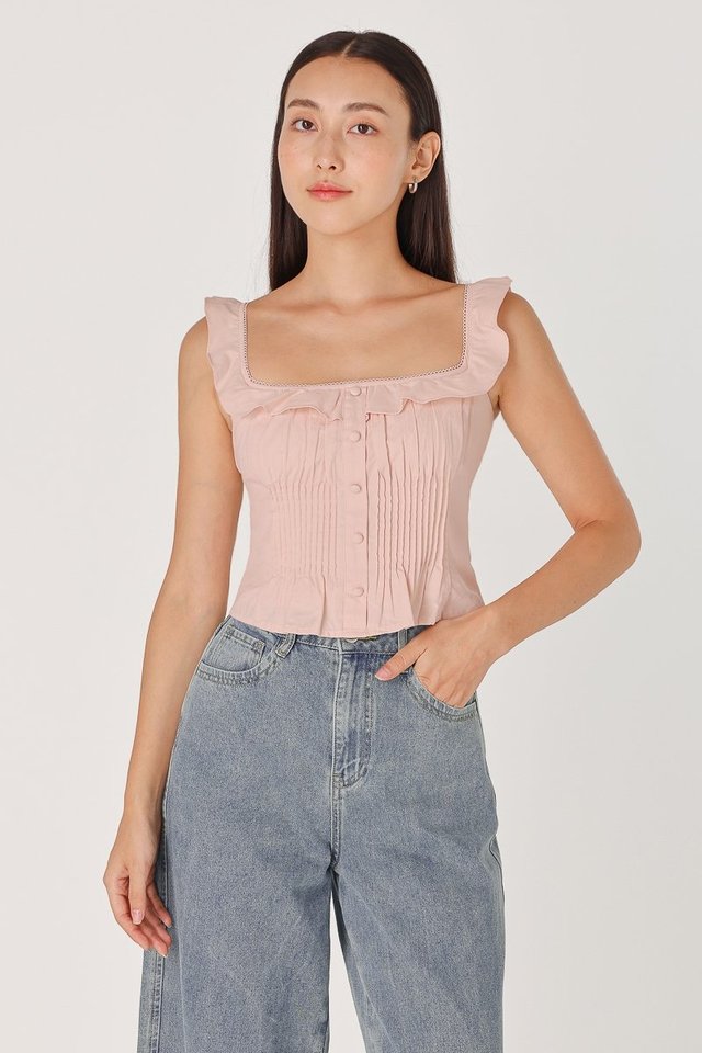 EVELYN PADDED SQUARE NECK PINTUCK TOP (COTTON PINK)