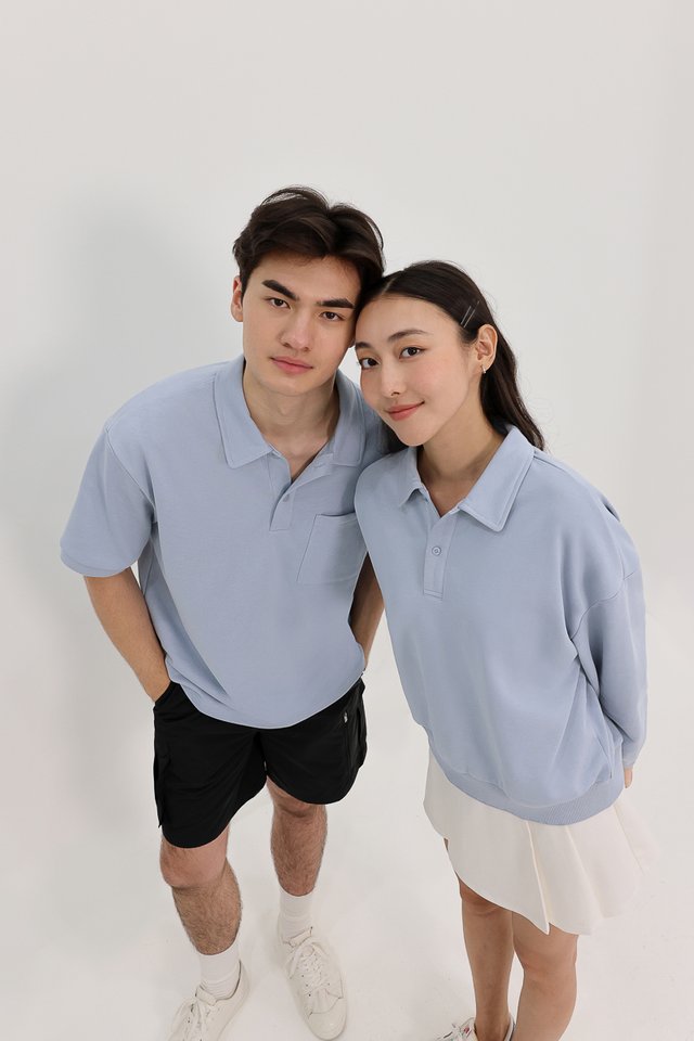 BENSON POLO COLLARED BUTTON TOP (LIGHT BLUE)