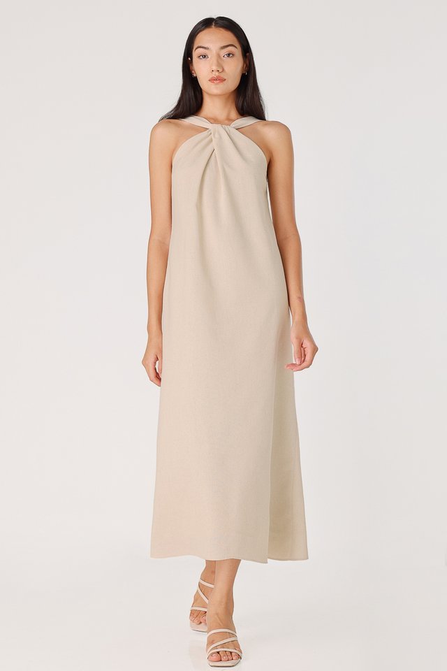 ADELINE LINEN TWIST FRONT HALTER DRESS (NATURAL)